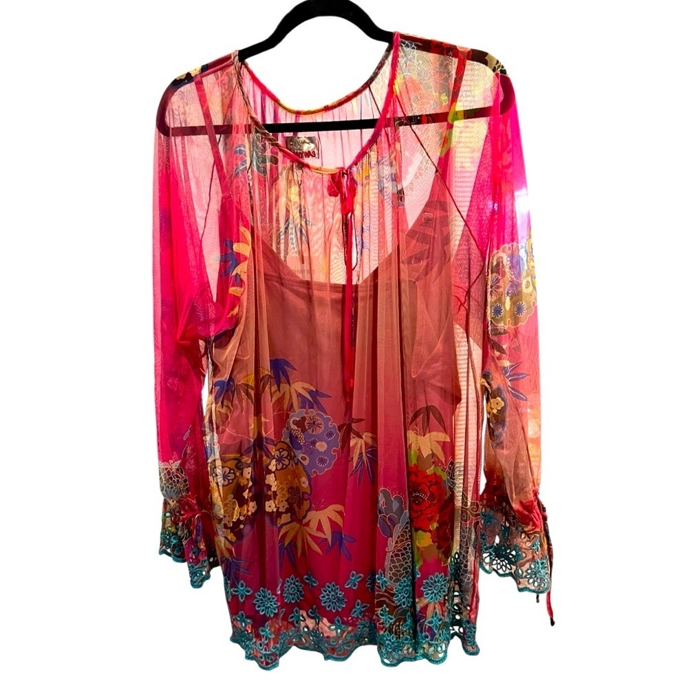 Johnny Was Pink and Green Sheer Blouse